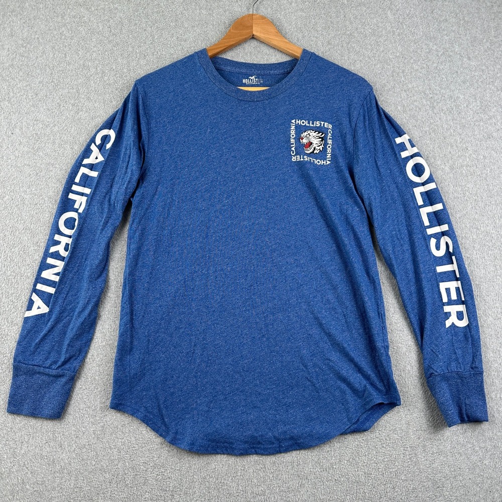 Hollister T-Shirt Mens S California Blue Graphic Long Sleeve Tiger Logo Tee